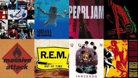 Langspielplattencover von Bands wie Nirvana, Peral Jam, U2, R.E.M., Queen und anderen Bands.